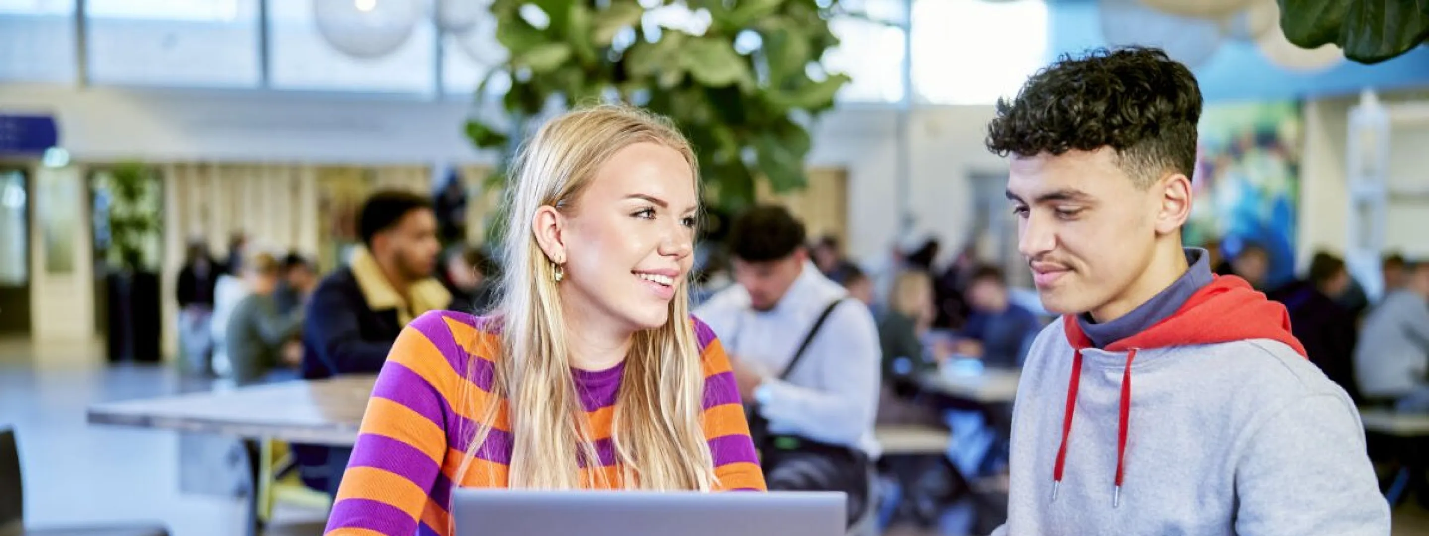 Twee studenten bij elkaar achter laptop